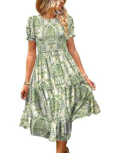 YESNO Sommerkleid Damen Elegant Boho Kleider Lässig Puffärmel Elastische Taille Midikleid Wedding Guest Dress Blumenkleid M EP2DE CR425 von YESNO