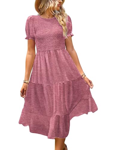 YESNO Sommerkleid Damen Elegant Boho Kleider Lässig Puffärmel Elastische Taille Midikleid Wedding Guest Dress Blumenkleid M EP2DE PINK von YESNO