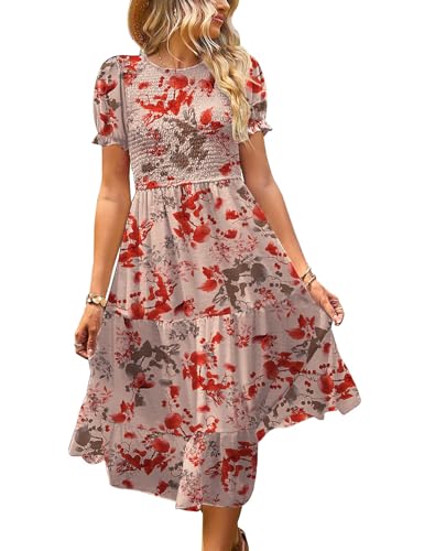 YESNO Sommerkleid Damen Elegant Boho Kleider Lässig Puffärmel Elastische Taille Midikleid Wedding Guest Dress Blumenkleid S EP2DE CR421 von YESNO