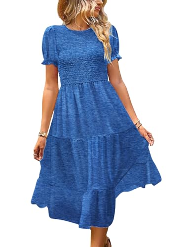 YESNO Sommerkleid Damen Elegant Boho Kleider Lässig Puffärmel Elastische Taille Midikleid Wedding Guest Dress Blumenkleid XL EP2DE Blue von YESNO