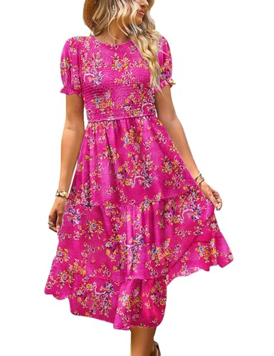 YESNO Sommerkleid Damen Elegant Boho Kleider Lässig Puffärmel Elastische Taille Midikleid Wedding Guest Dress Blumenkleid XL EP2DE CR026 von YESNO