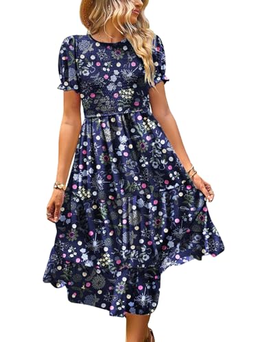 YESNO Sommerkleid Damen Elegant Boho Kleider Lässig Puffärmel Elastische Taille Midikleid Wedding Guest Dress Blumenkleid XL EP2DE CR424 von YESNO