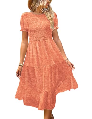 YESNO Sommerkleid Damen Elegant Boho Kleider Lässig Puffärmel Elastische Taille Midikleid Wedding Guest Dress Blumenkleid XL EP2DE ORANGE von YESNO