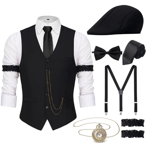 YESSA 20er Jahre Kostüm Herren 20er Jahre Accessoires Gatsby Herren-1920er Hut Weste Taschenuhr Krawatte,20er Herren Outfit von YESSA