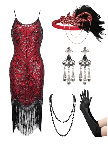 YESSA Damen Flapper Kleider 1920er Jahre Great Gatsby Kleider Pailletten Fransen Cocktailkleid Brüllende 20er Jahre Kleid für Harlem Nights, Rot/Ausflug, einfarbig (Getaway Solids), Mittel von YESSA