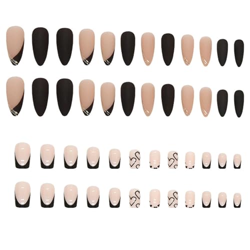 Schwarz Französische Spitze Press On Nails 48 Stück French Mandel Förmige Künstliche Nägel Mit Kleber Quadrat Kurz Schwarz Französische Nails Mit Herzen Design Für Frauen Mädchen von YESTARTDS