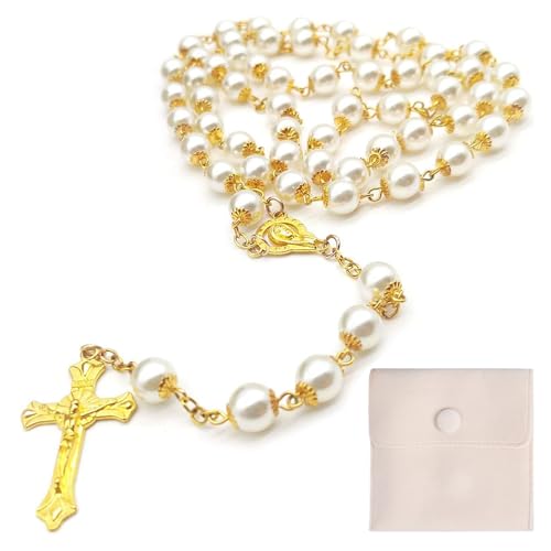 YESTARTDS Katholischer Rosenkranz Mit Retro-kreuz Rosenkranz Zur Kommunion Mit Zirkonia Kreuz Anhänger Rosenkranz Natursteinen Kreuz Gebetskette Damen Kette Für Taufe Hochzeit Kommunion Party, Golden von YESTARTDS