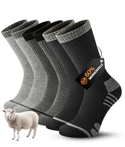 YESWEL 3 Paar Merino Thermosocken Herren Damen, 60% Merinowolle Wandersocken, Outdoor sportsocken, Wintersocken Gepolstert für Trekking Sport Schwarz Dunkelgrau Hellgrau L von YESWEL