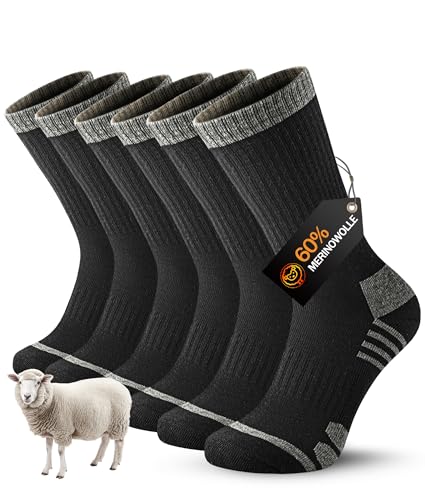 YESWEL 3 Paar Merino Thermosocken Herren Damen, 60% Merinowolle Wandersocken, Outdoor sportsocken, Wintersocken Gepolstert für Trekking Sport Schwarz L von YESWEL