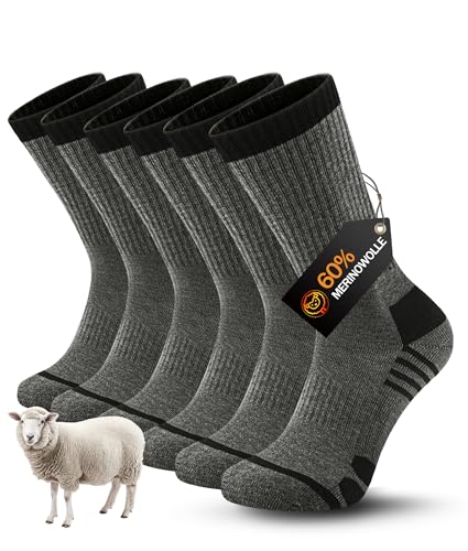 YESWEL 3 Paar Merino Wandersocken Herren Damen, 60% Merinowolle Trekkingsocken, Outdoor sportsocken, Wintersocken Gepolstert für Trekking Sport Dunkelgrau M von YESWEL