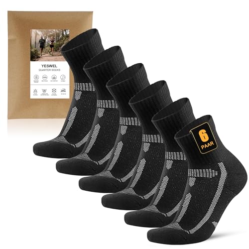 YESWEL 6 Paar Laufsocken Herren 39-42, Quarter Sportsocken mit Polsterung, Atmungsaktive Running Socken für Laufen,Sport (Schwarz) von YESWEL