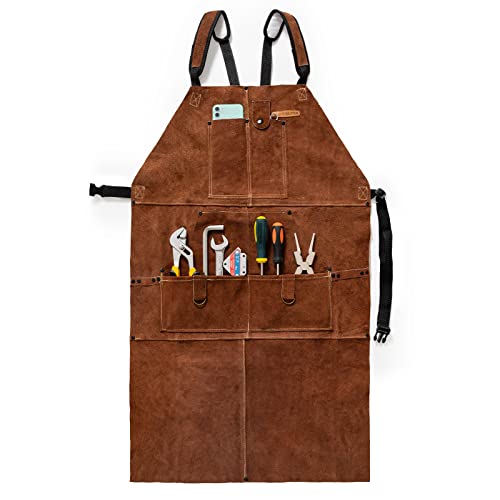 YESWELDER Leder Schweißschürze mit 6 Taschen Hitze Flamme resistent Rindsleder Schweißer Schürze Heavy Duty einstellbar Lederschürze für Schweißer Männer Frauen Länge 1m YESWELDER Leder Schweißschürze mit 6 Taschen Hitze Flamme resistent Rindsleder Schweißer Schürze Heavy Duty einstellbar Lederschürze für Schweißer Männer Frauen Länge 1m von YESWELDER