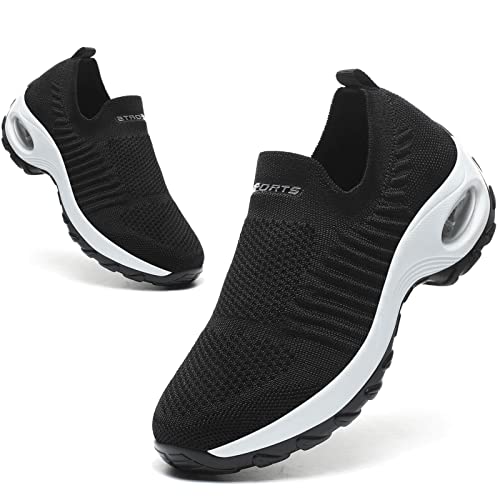 Hanani Orthopädische Wanderschuhe für Damen, atmungsaktiv, Netzstoff, leicht, Laufschuhe, Trainingsschuhe, Dicke Unterseite, Luftpolster, Keilabsatz, schwarz/weiß, 41 EU von Hanani