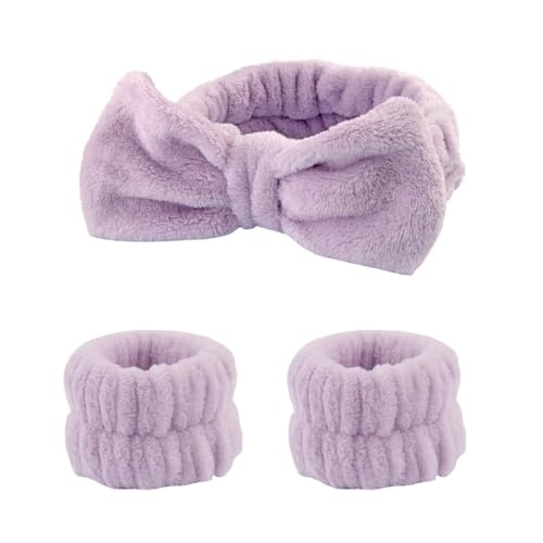 3 Paar Gesichtsmanschetten für Damen, wasserdicht, saugfähig, Korallen-Fleece, Kaninchenohren, Stirnband, Haar-Accessoire-Set (lila) von YETONADO
