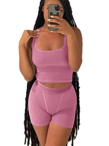 Damen 2 Stück Casual Workout Outfits Gerippt Gestrickt Yoga Tank Top Hohe Taille Leggings Trainingsanzug Active Wear Sets, BH und Shorts: Rosa, Medium von YETOWA