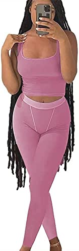 Damen 2-teiliges Casual Workout Outfits Geripptes Strick Yoga Tank Top Hohe Taille Leggings Trainingsanzug Active Wear Sets, BH und Leggings: Pink, Small von YETOWA