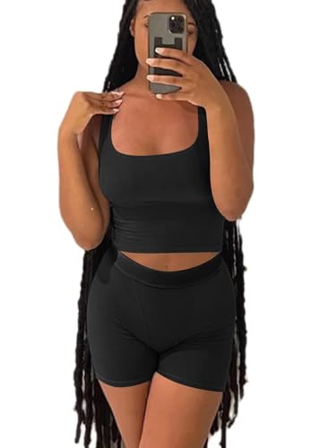 Damen 2-teiliges Casual Workout Outfits Geripptes Strick Yoga Tank Top Hohe Taille Leggings Trainingsanzug Active Wear Sets, BH und Shorts: schwarz, S von YETOWA