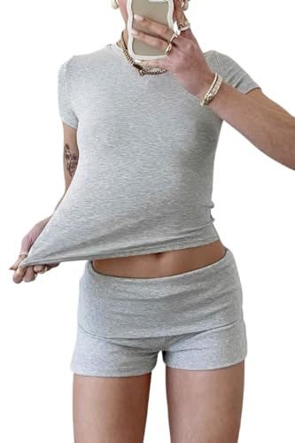 YETOWA Damen Casual Workout Zweiteilige Outfits Slim Kurzarm Niedrige Taille Foldover Shorts Trainingsanzug Sets Streetwear, Shorts-Set: Grau meliert, X-Small von YETOWA