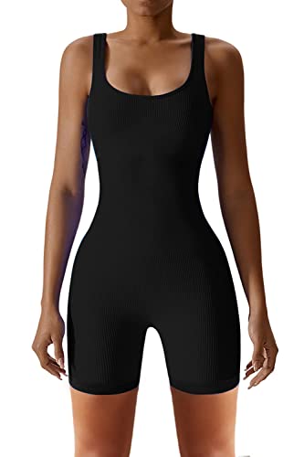 YETOWA Damen Einteiler Bodycon Jumpsuit High Neck Langarm Reißverschluss Strampler Clubwear, Ärmellos, kurz, Schwarz, Small von YETOWA