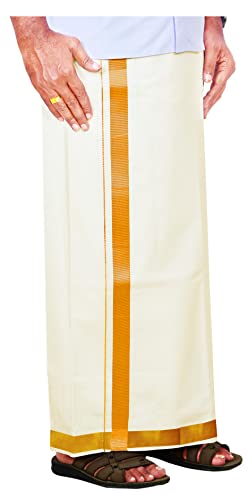 YETTALAN® Herren Gold Jari Border Baumwolle Dhoti 4,00 Meter Double Mundu/Vesti, 3,8 cm Gold Jari, 4,00 Meter, 3,8 cm Gold Jari, 4.00 Meters von YETTALAN