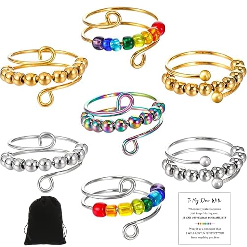 9 Stück Set Verstellbare Anti Stress Ring, Linderung von Ängsten und Bunte Antistress Ring, Angst Spinning mit Perlen, Offene Spinner Damen, Anxiety Stressringe für Frauen von YEWCEP