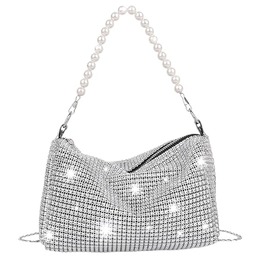Damen-Clutches, Clutch Silber, Damen Glitzer Tasche, Clutch mit Abnehmbarer Kette, Kettentasche Abendtasche Damen Hohe Kapazität mit Reißverschluss, Elegante Tasche Damen, für Abend Prom Hochzeit von YEWCEP