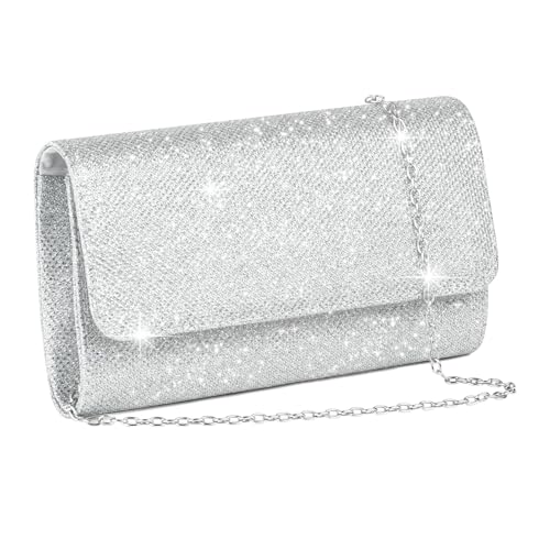 YEWCEP Clutch Silber Glitzer, Elegante Abendtasche Silber für Damen, Handtasche mit Kette, 20 x 10 x 5 cm, Perfekt für Party Hochzeit Date von YEWCEP