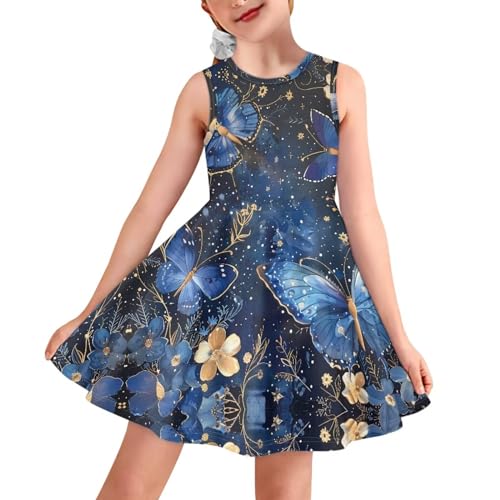 YEXIATODO Ärmelloses Kleid, lässiges Sommerkleid für Mädchen von 3–16 Jahren, Blaue Schmetterlinge, 7-8 von YEXIATODO