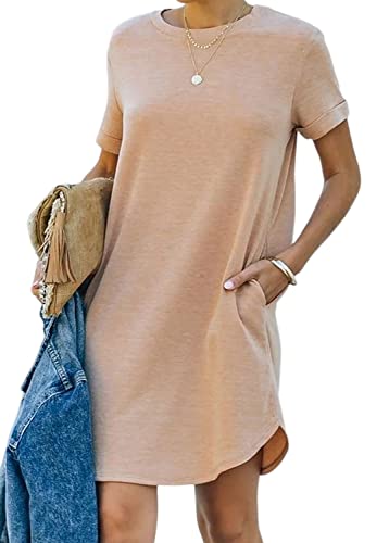 YEXIPO Damen Casual Sommer Kurzarm T-Shirt Kleid Nachthemd Rundhals Lose Einfarbig Basic Kleider mit Taschen, Bild, Farbe, X-Groß von YEXIPO