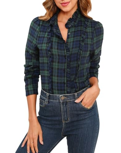Damen Plaid Hemd Rüschenkragen Tailliert Tartan Bluse Casual Langarm Knopfleiste Baumwolle Bluse Tops, Grün , X-Groß von YEXPINE