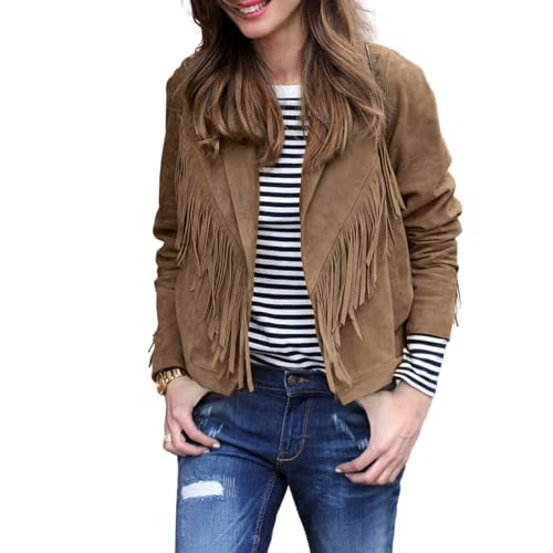 YEXPINE Cropped-Jacke für Damen, Wildlederimitat, Quaste, lässig, lange Ärmel, vorne offen, Fransen, Motorradjacke, Bikerjacke, Mantel, Tops, Braun, Large von YEXPINE