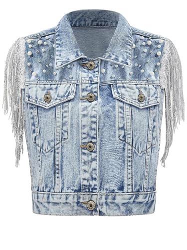 YEXPINE Damen-Denim-Weste mit Perlen, Perlen, ärmellos, Pailletten, Fransen, Jeans, Weste, Cowgirl-Outfit, Tops, Hell, blau, M von YEXPINE