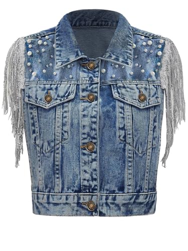 YEXPINE Damen-Denim-Weste mit Perlen, Perlen, ärmellos, Pailletten, Fransen, Jeans, Weste, Cowgirl-Outfit, Tops, Dunkelblau, XL von YEXPINE