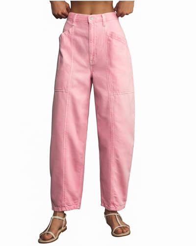 YEXPINE Damen Pink Barrel Jeans High Rise Wide Leg Tapered Jeans Baggy Boyfriend Hose mit Taschen, C Pink, Groß von YEXPINE