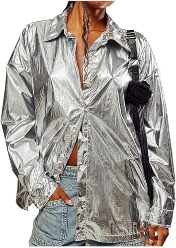 YEXPINE Damen Sparkly Metallic Silber Button Down Shirt Tunika Langarm Pailletten Oversize Bluse, silber, XX-Large von YEXPINE