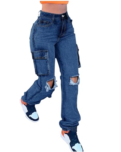 YEXPINE Damen Stretch Distressed Ripped Denim Jeans High Rise Straight Leg Cargo Jeans mit Pattentaschen, Marineblau, M von YEXPINE