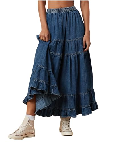 YEXPINE Damen Swing Chambray Maxirock Elastische Taille Plissee Stufig Flowy Lange Röcke Retro Denim Rock, Blau, Klein von YEXPINE