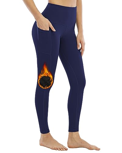 YEZII 2er-Pack Fleece-gefütterte Leggings mit Taschen für Damen, hohe Taille, Winter-Yogahose, Marineblau, S von YEZII