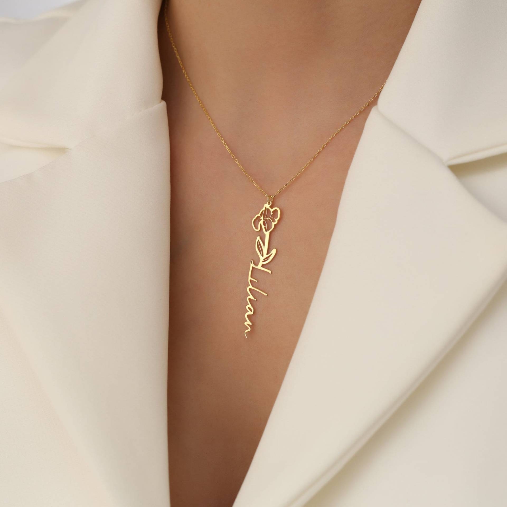 Geburtsblume Namenskette Personalisierter Sterling Silber Blumenschmuck von YEZjewelryCo