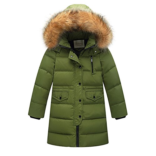YFCH Kinder Jungen/Mädchen Verdickte Daunenmantel Wintermantel Lang Daunenjacke Winterjacke Warm Steppjacke mit unabnembarer Fellkapuze, Grün, 122/128(Label: 130) von YFCH