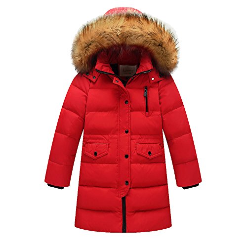 YFCH Kinder Jungen/Mädchen Verdickte Daunenmantel Wintermantel Lang Daunenjacke Winterjacke Warm Steppjacke mit unabnembarer Fellkapuze, Rot, 104/110(Label: 110) von YFCH