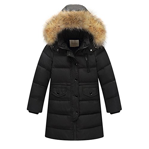 YFCH Kinder Jungen/Mädchen Verdickte Daunenmantel Wintermantel Lang Daunenjacke Winterjacke Warm Steppjacke mit unabnembarer Fellkapuze, Schwarz, 134/140(Label: 140) von YFCH