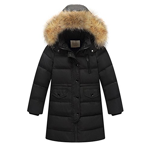 YFCH Kinder Jungen/Mädchen Verdickte Daunenmantel Wintermantel Lang Daunenjacke Winterjacke Warm Steppjacke mit unabnembarer Fellkapuze, Schwarz, 152/158(Label: 160) von YFCH