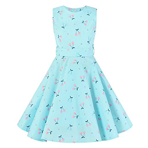 YFCH Kinder Mädchen 1950er Vintage Print Abendkleid Rockabilly Kleid Retro Cocktailkleid Faltenrock Knielang, Rosa & Blau Kirsche auf Eisblau, 134/140(Label: L/140) von YFCH