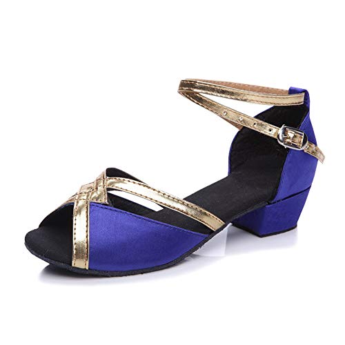 YFCH Mädchen/Damen Standard & Latein Schuhe Tanzschuhe Peep-Toe Tanz Schuhe Sandalen Pumps mit 3CM Absatz, Blau& Gold, 34 EU(Label: 34) von YFCH