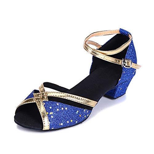 YFCH Mädchen/Damen Standard & Latein Schuhe Tanzschuhe Peep-Toe Tanz Schuhe Sandalen Pumps mit 3CM Absatz, Marineblau Glänzend, 34.5 EU(Label: 35) von YFCH