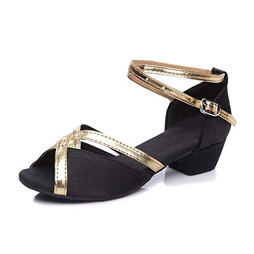YFCH Mädchen/Damen Standard & Latein Schuhe Tanzschuhe Peep-Toe Tanz Schuhe Sandalen Pumps mit 3CM Absatz, Schwarz& Gold, 34 EU(Label: 34) von YFCH