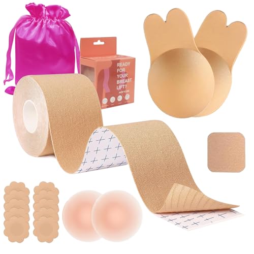 YFCVIP Klebe BH Push Up Kit - Wiederverwendbare & Waschbare Brüste Boob mit Ultradünne 5 Paar Brustaufkleber für A-G Cup Damen | Selbstklebende Nippelcovers Ultra Dünne Damen für Abendkleider von YFCVIP