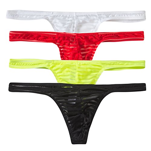 YFD Herren Mesh String Männer Tanga Mini Slip Dessous Bademode Unterwäsche, 4 Pack String (White/Red/Yellow/Black) , M von YUFEIDA