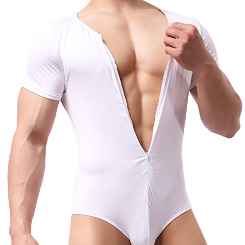 Mens Bikini Slips Unterwäsche Stretchy High Cut Wrestling Unterhemd Leopard String Bodysuit, Bodysuit (White), M von YFD